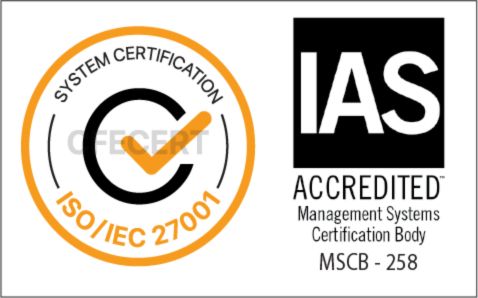 ISO/IEC 27001 certification mark with the IAS-accredited certification-body mark